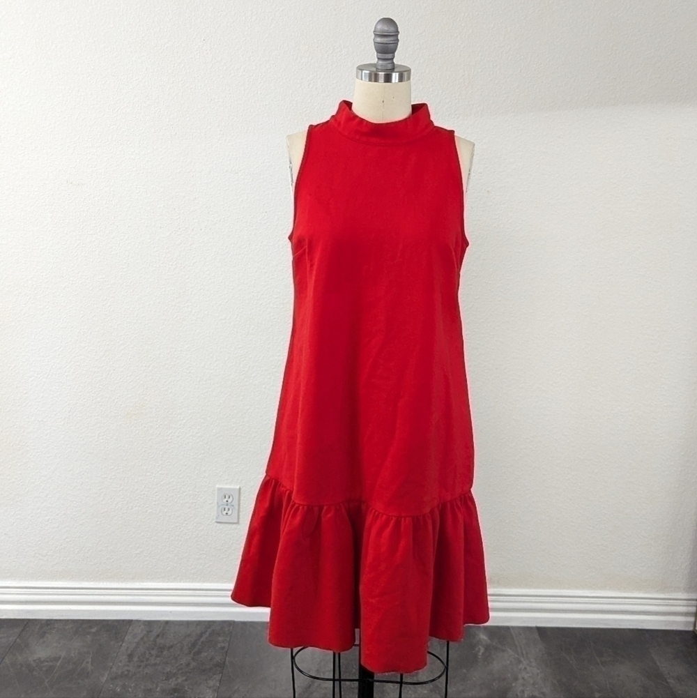 Anthropologie Maeve Mock Neck Ruffle Hem Shift Dress Red SP mod preppy holiday